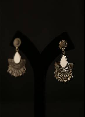 Oxidized silver teardrop mirror fan earrings with ghungroo drops 2