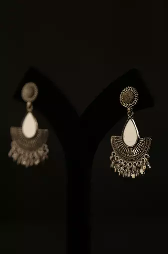 Oxidized silver teardrop mirror fan earrings with ghungroo drops