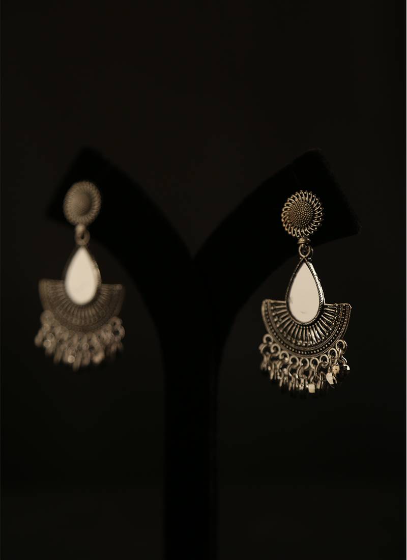 Oxidized silver teardrop mirror fan earrings with ghungroo drops