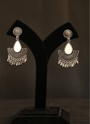 Oxidized silver teardrop mirror fan earrings with ghungroo drops 3