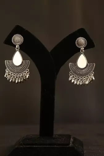 Oxidized silver teardrop mirror fan earrings with ghungroo drops