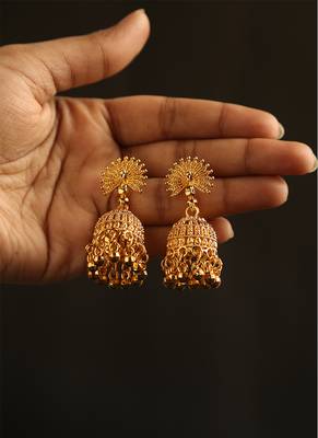 Antique gold floral mandala jhumka earrings with black beads 1