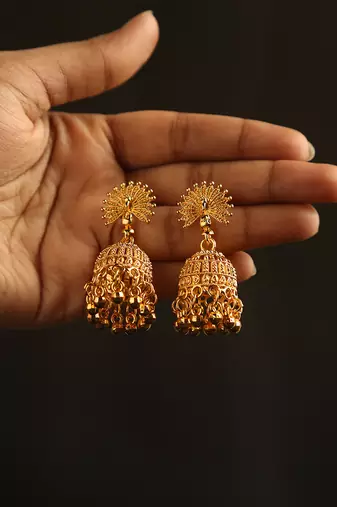 Antique gold floral mandala jhumka earrings with black beads