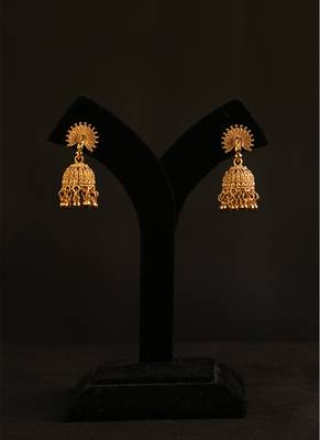 Antique gold floral mandala jhumka earrings with black beads 2