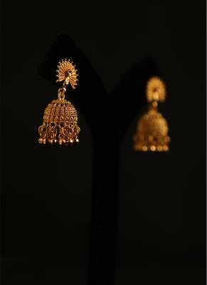 Antique gold floral mandala jhumka earrings with black beads 3