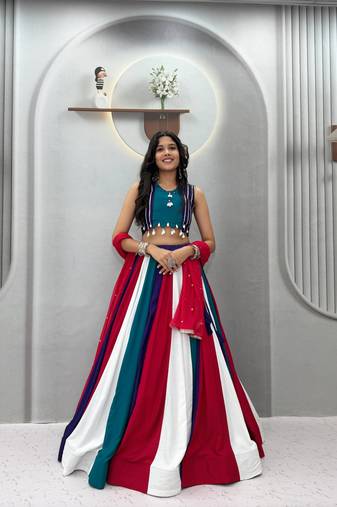 Multi hand Mirror And thread work cotton Lehenga Choli Set
