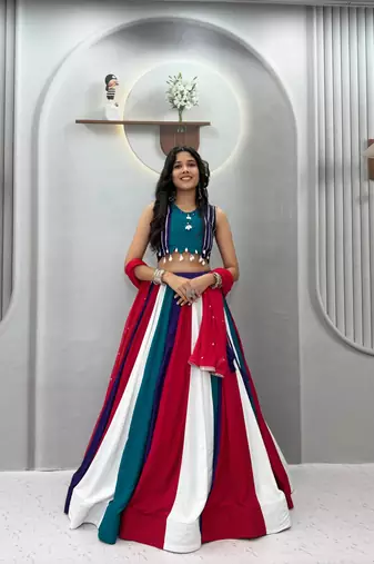 Multi hand Mirror And thread work cotton Lehenga Choli Set