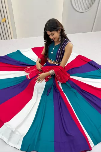 Multi hand Mirror And thread work cotton Lehenga Choli Set