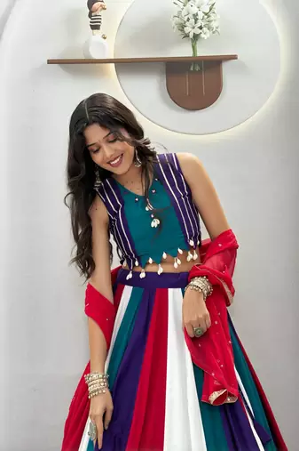 Multi hand Mirror And thread work cotton Lehenga Choli Set