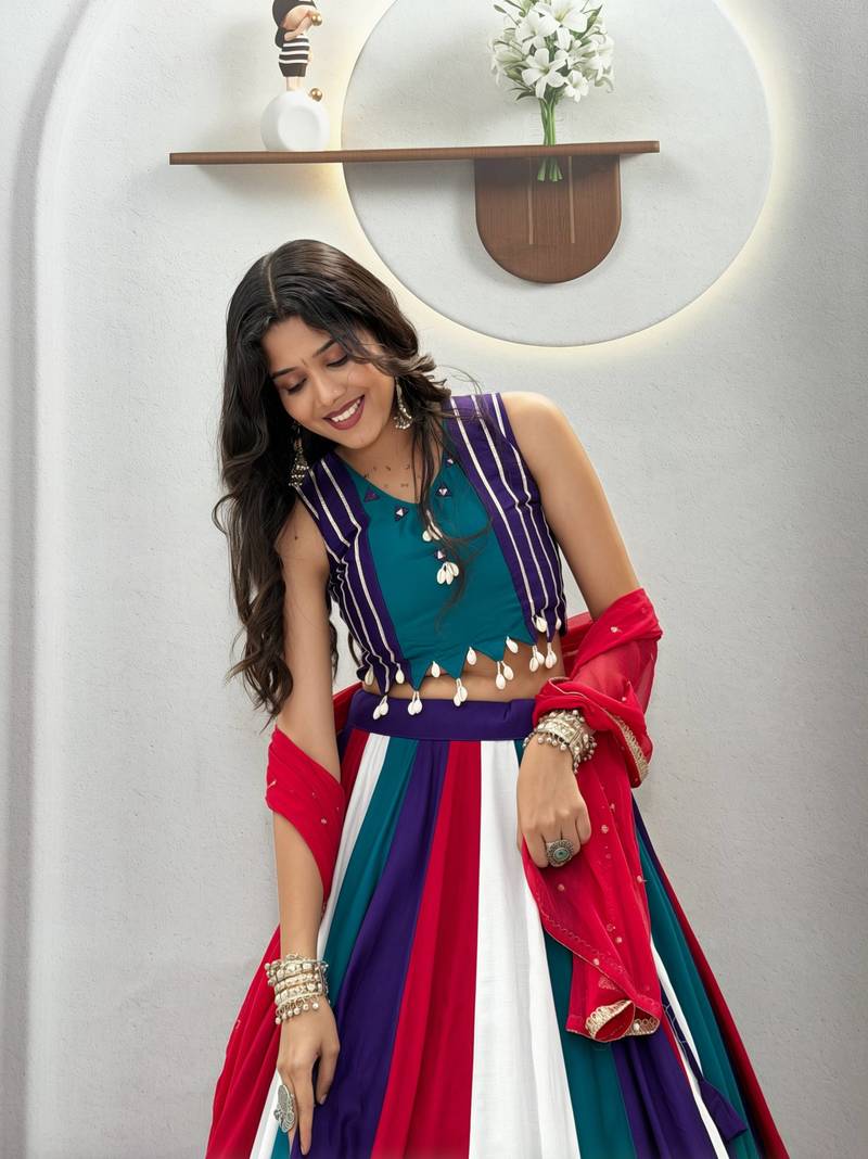 Multi hand Mirror And thread work cotton Lehenga Choli Set