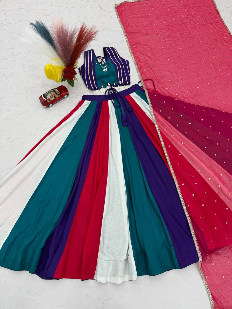 Multi hand Mirror And thread work cotton Lehenga Choli Set