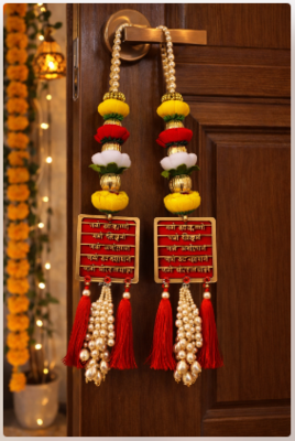 hanging sanskrit mantra design multicolor pearl tassel latkan home decor pack of 2 2