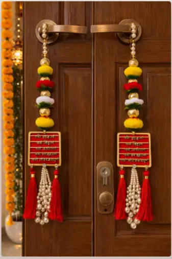 hanging sanskrit mantra design multicolor pearl tassel latkan home decor pack of 2