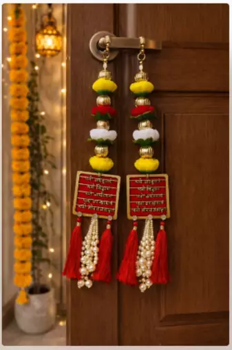 hanging sanskrit mantra design multicolor pearl tassel latkan home decor pack of 2