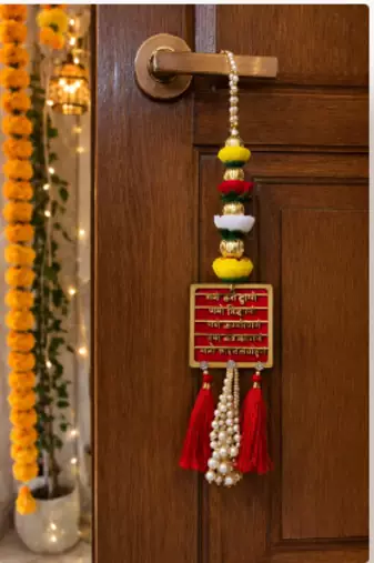 hanging sanskrit mantra design multicolor pearl tassel latkan home decor pack of 2
