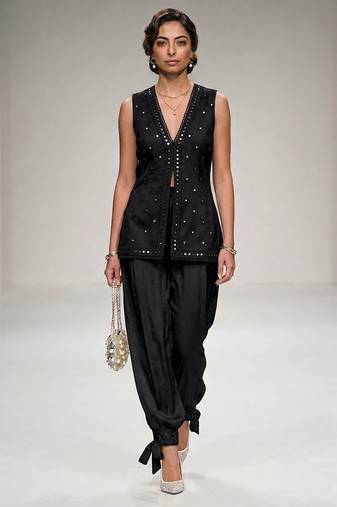 Black embroidered modal silk ethnic co ord set