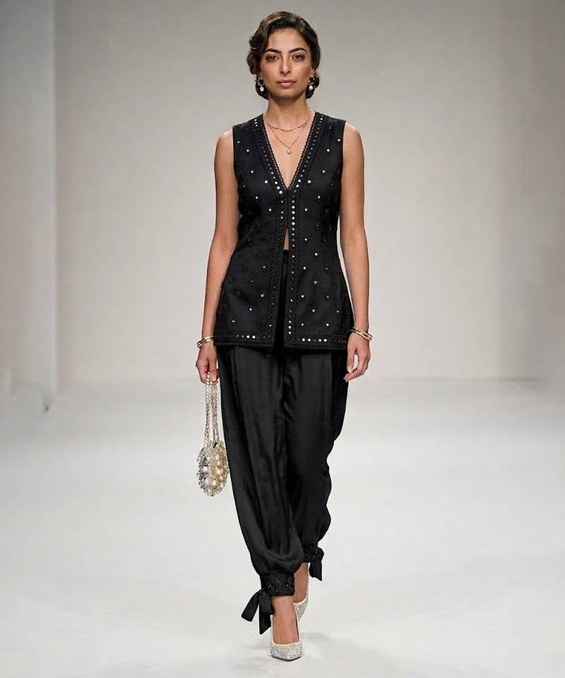 Black embroidered modal silk ethnic co ord set