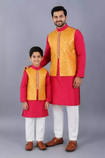 Pink embroidered cotton silk father son kurta combo set