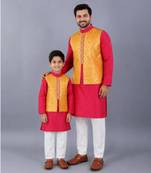 Pink embroidered cotton silk father son kurta combo set