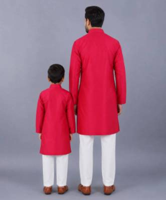 Pink embroidered cotton silk father son kurta combo set 2