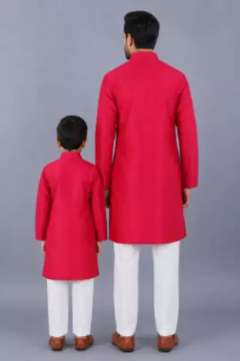 Pink embroidered cotton silk father son kurta combo set