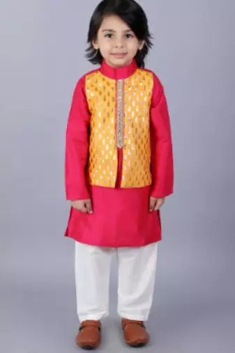Pink embroidered cotton silk father son kurta combo set