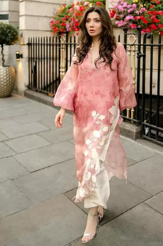 Elegant rose pink digital print with embroidered kurta set with white trousers
