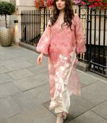 Elegant rose pink digital print with embroidered kurta set with white trousers