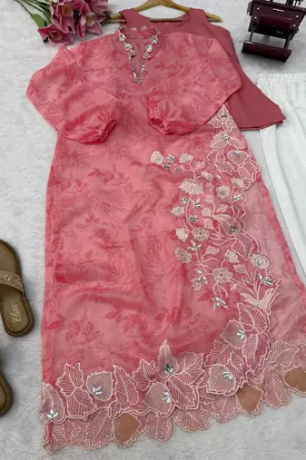 Elegant rose pink digital print with embroidered kurta set with white trousers