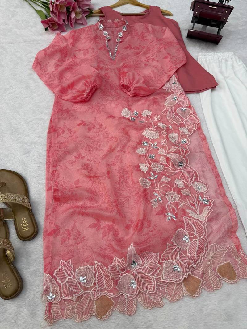Elegant rose pink digital print with embroidered kurta set with white trousers