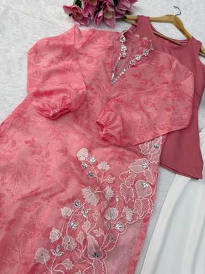 Elegant rose pink digital print with embroidered kurta set with white trousers 4