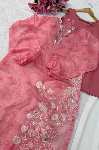 Elegant rose pink digital print with embroidered kurta set with white trousers