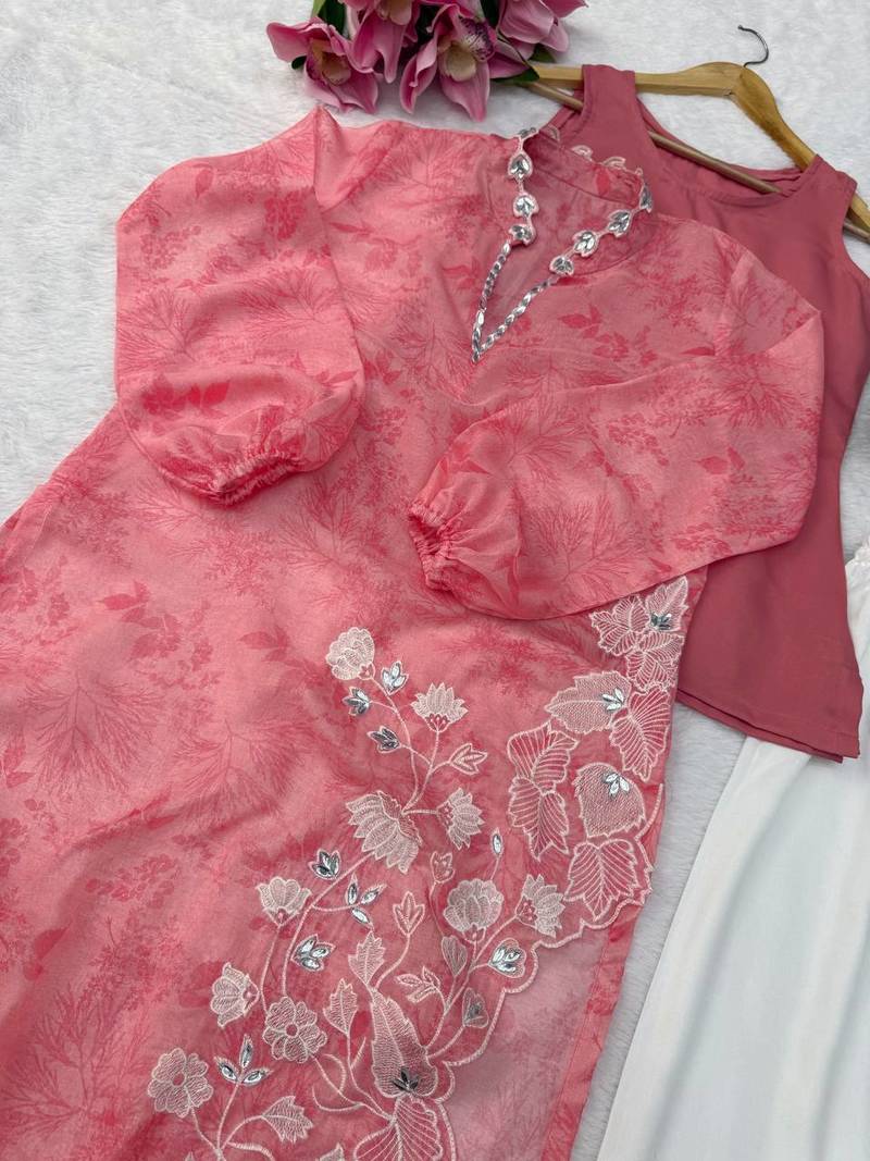 Elegant rose pink digital print with embroidered kurta set with white trousers