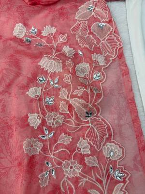 Elegant rose pink digital print with embroidered kurta set with white trousers 5