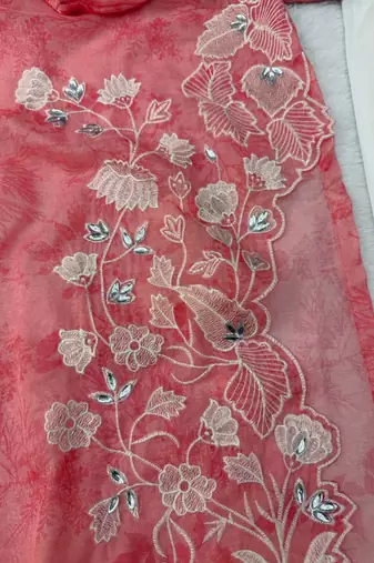 Elegant rose pink digital print with embroidered kurta set with white trousers