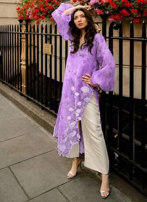 Elegant lavender digital print with embroidered kurta set with white trousers 1