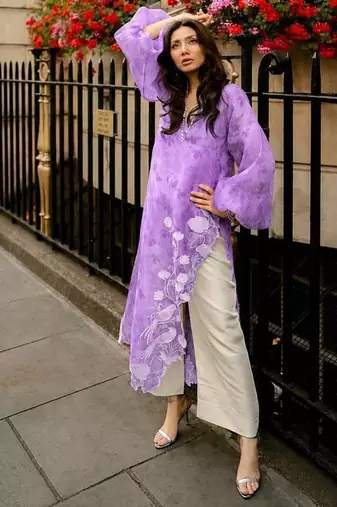 Elegant lavender digital print with embroidered kurta set with white trousers