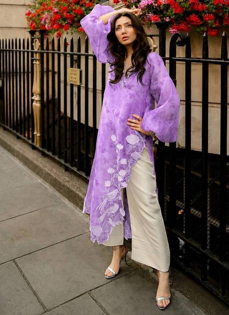 Elegant lavender digital print with embroidered kurta set with white trousers