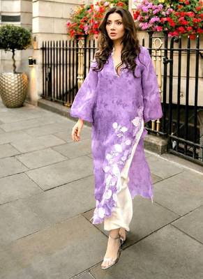 Elegant lavender digital print with embroidered kurta set with white trousers 2
