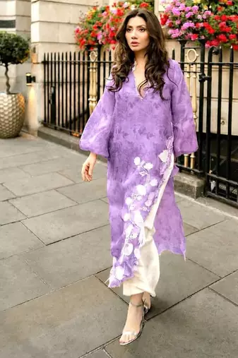 Elegant lavender digital print with embroidered kurta set with white trousers