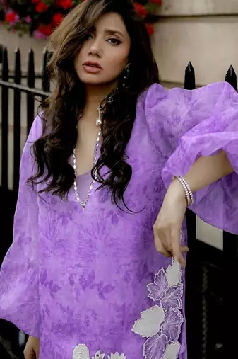 Elegant lavender digital print with embroidered kurta set with white trousers