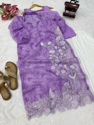 Elegant lavender digital print with embroidered kurta set with white trousers 4
