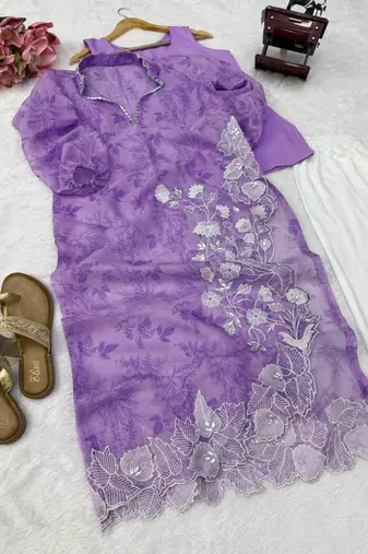 Elegant lavender digital print with embroidered kurta set with white trousers