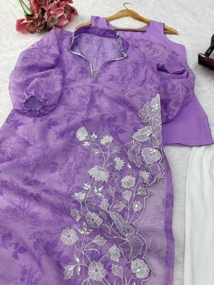 Elegant lavender digital print with embroidered kurta set with white trousers 5