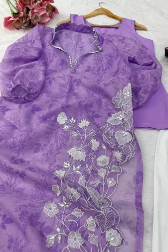 Elegant lavender digital print with embroidered kurta set with white trousers