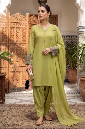 Women's light olive ethnic suit with embroidered sleeves