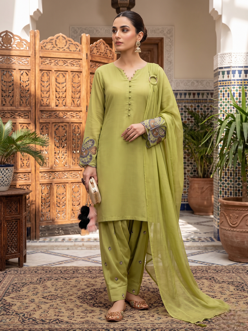 Women's light olive ethnic suit with embroidered sleeves
