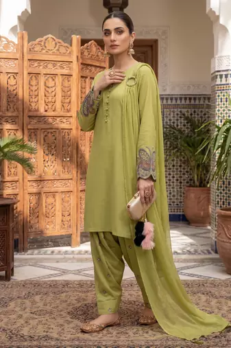 Women's light olive ethnic suit with embroidered sleeves