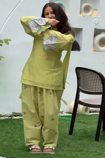 Women's light olive ethnic suit with embroidered sleeves