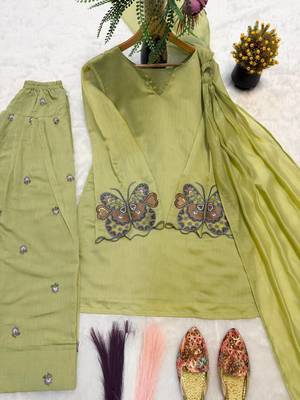Women's light olive ethnic suit with embroidered sleeves 5